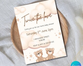 May include: Baby shower invitation with the text "Twice the love" and details for a twin's baby shower. The design features soft beige clouds, stars, and two teddy bears. The invitation is on a wooden plate.