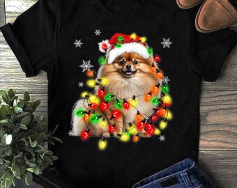Pomeranian hund julgransbelysning julpyjamas Pomeranian T-shirt - rolig hundälskare present, söt Pom T-shirt, Pomeranian presenter, Pommy Mommy