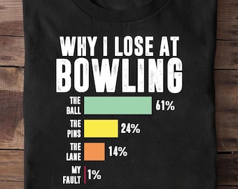 May include: Black t-shirt with the text "WHY I LOSE AT BOWLING". The graphic shows a breakdown of reasons for losing, with percentages for the ball, pins, lane, and fault. A humorous design for bowling enthusiasts.