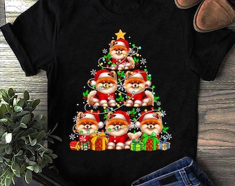 Grupp av jultomten Pomeranians som julgran Pomeranian T-shirt - rolig hundälskare, söt Pom T-shirt, Pomeranian-presenter, rolig Pomeranian