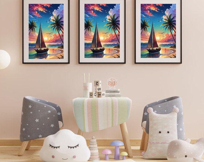 Sailboat at Sunset Framed Canvas Print - Nautical Seascape Painting for Coastal Wall Art or Nautical Decor - Gift Idea for Her