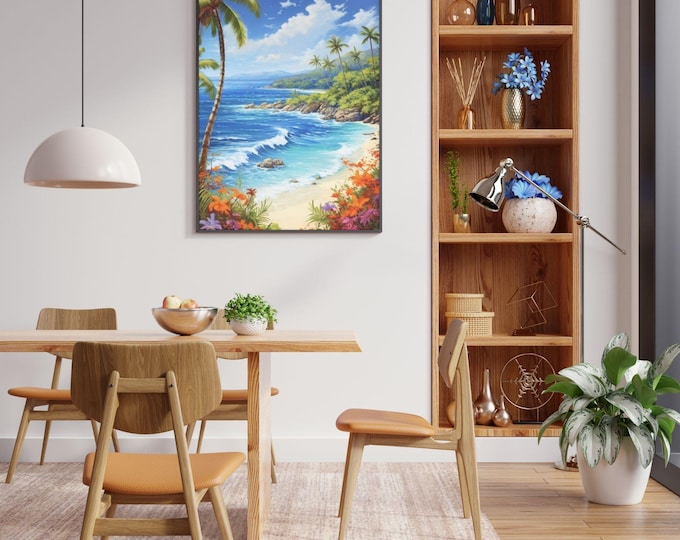 Vibrant Tropical Beach Scene Digital Wall Art - Palm Trees, Colorful Flowers, and Clear Blue Water for Coastal Decor