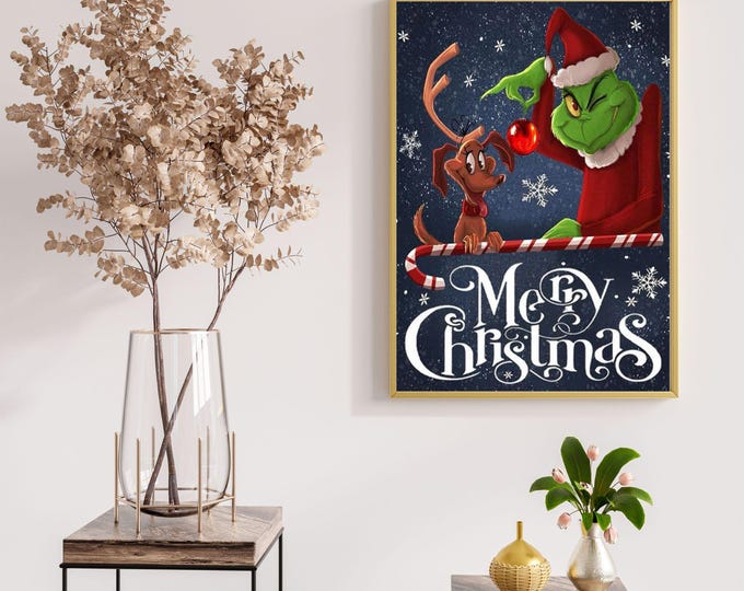 Grinch Christmas Wall Art - Festive Holiday Print with Santa Grinch and Dog - Merry Christmas Artwork for Home Décor or Gift