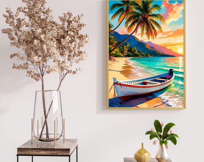 Tropical Beach Sunset Digital Poster - Colorful Seaside Oil Painting Art for Summer Wall Décor or Boho Beach Vibes