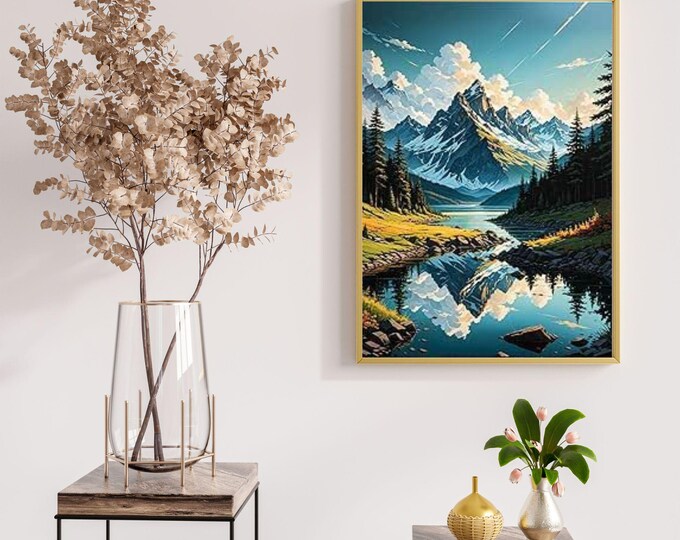 Scenic Mountain Lake Digital Download - Watercolor Forest Wall Art for DIY Home Décor or Nature-Inspired Print