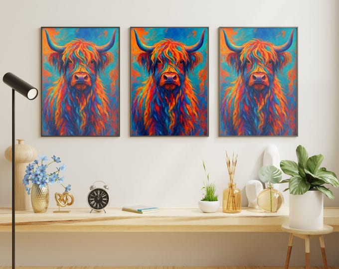 Highland Cow Wall Art - Vibrant Colorful Painting for Farmhouse Decor or Gift - Bold and Modern Cow Artwork