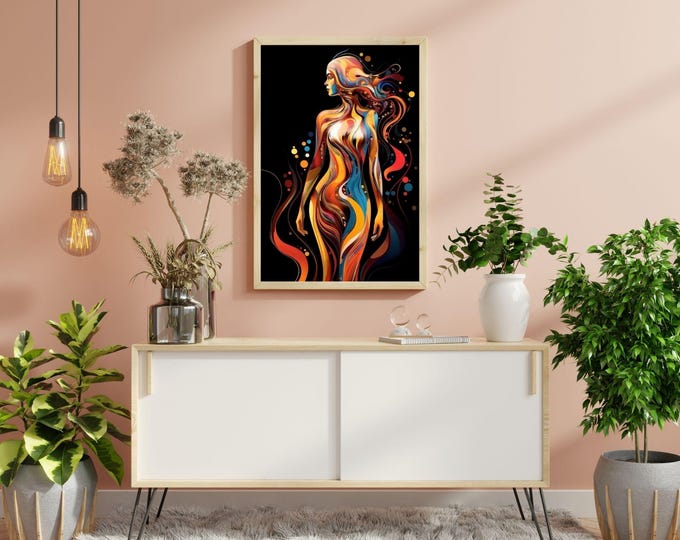 Colorful Flowing Hair Woman Wall Art - Abstract Swirling Patterns Artwork for Modern Home Decor or Digital Download