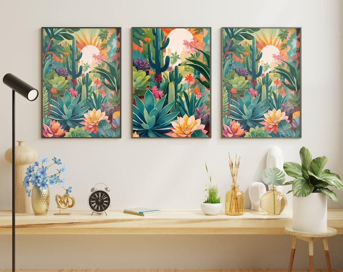 Sunset and Succulent Wall Art - Modern Botanical Canvas Print for Home Décor or Gift - Vibrant Desert portrait