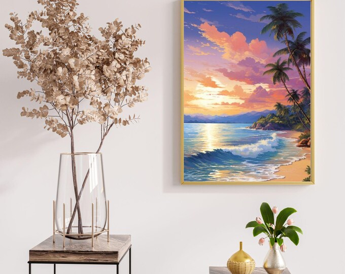 Tropical Sunset Painting Wall Art - Vibrant Ocean Beach Scene for Coastal Home Décor or Relaxing Gift Idea