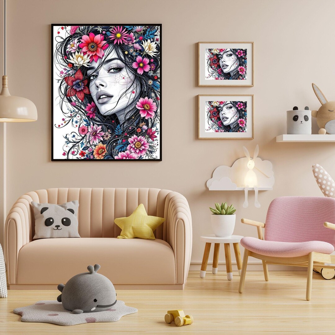 Boho Chic Floral Woman Face Line Art - Set of 10 Minimalist Lady Prints ...