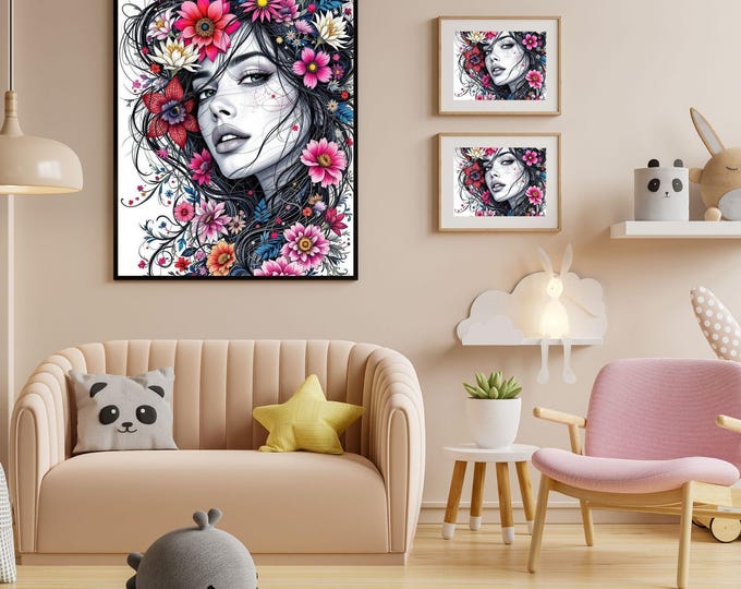 Boho Chic Floral Woman Face Line Art - Set of 10 Minimalist Lady Prints for Wall Decor, Modern Home Design, or Digital Download