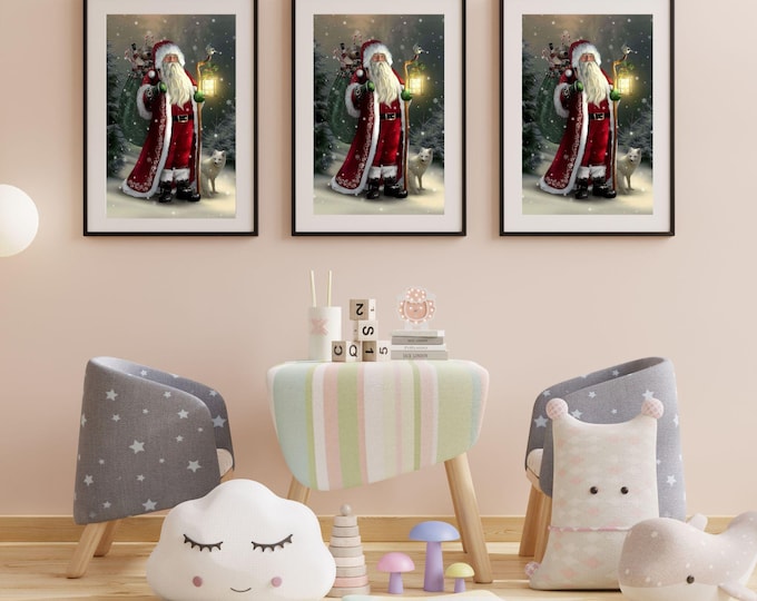 Santa Claus Christmas Wall Art - Winter Holiday Decor with Arctic Fox and Lantern - Festive Artwork for Home or Seasonal Gift
