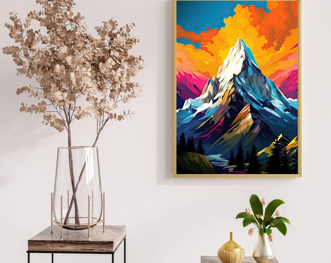 Seamless Mountain Top Sunrise Wall Art - Colorful Landscape Pattern for Modern Home Decor or Digital Download