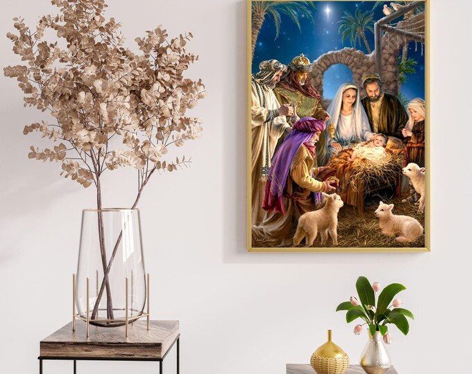Nativity Christmas Wall Art - Holy Family with Baby Jesus, Wise Men, and Lambs - Religious Holiday Decor for Home or Gift