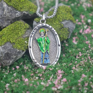 St. Patrick’s Day Medal Pendant – Sterling Silver with Enamel St. Patrick Engraving, Lucky Irish Jewelry for Faith, Protection, Good Fortune