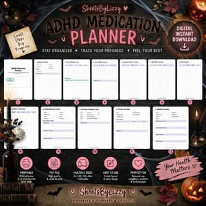 May include: A digital ADHD medication planner with twelve distinct page layouts including logs, trackers, and summaries. The document features a clean white design with purple accents, titled ADHD Medication Planner, and includes text labels for each section from one to twelve.