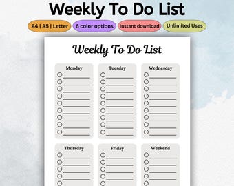 Weekly To Do List Template | Printable To Do List Sheet | Task Tracker | Task Planner List | Daily Planner | Task log | PDF Letter A4 A5