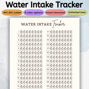 Water Intake Tracker Printable | Daily Hydration Log | 31-Day Water Journal | Wellness Planner | Health & Fitness | PDF Letter A4 A5