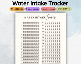 Water Intake Tracker Printable | Daily Hydration Log | 31-Day Water Journal | Wellness Planner | Health & Fitness | PDF Letter A4 A5