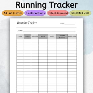 Rastreador de carrera imprimible / Plantilla de fitness / Entrenamiento de maratón / Planificador de entrenamiento / Registro de caminatas / Diario de trote / PDF Carta estadounidense A4 A5