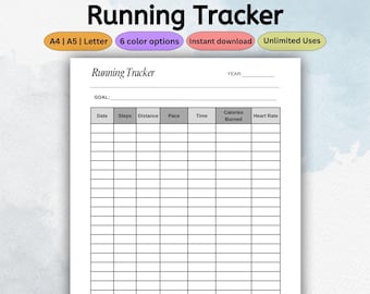 Printable Running Tracker | Fitness Template | Marathon Training | Workout Planner | Walking Log | Jog Journal | PDF US Letter A4 A5