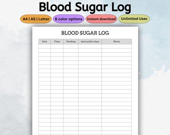 Blood Sugar Planner Template | Glucose Tracker Printable | Diabetes Monitoring Journal | Wellness Log | Health Record | PDF Letter A4 A5
