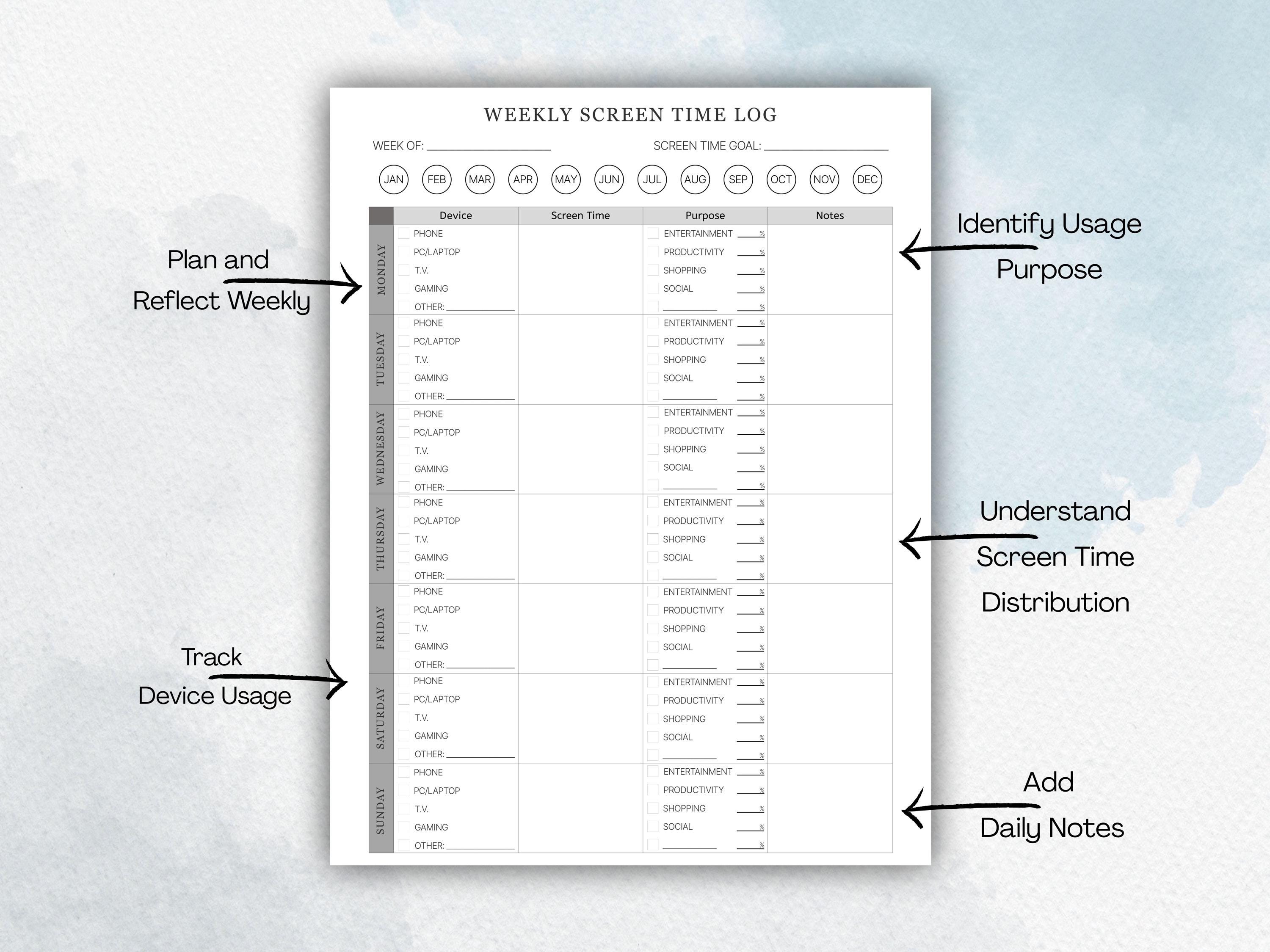 Weekly Screen Time Tracker Template Printable | Screen Time Planner ...