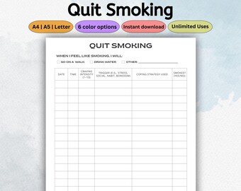 Quit Smoking Planner Template | Craving Tracker Log | Trigger Journal | Wellness Planner | Printable Habit Tracker | PDF Letter A4 A5