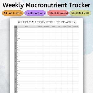 Plantilla imprimible de registro semanal de macronutrientes / Diario de comidas / Planificador de macroalimentos / Registro nutricional / Registro diario de alimentos / PDF Carta A4 A5