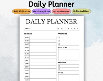 Undated Daily Planner Template Printable | Schedule Tracker, Log & Journal | To-Do List, Priorities, Meal Plan Organizer | PDF Letter A4 A5