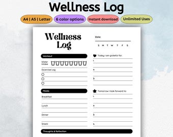 Wellness Log Template Printable | Daily Fitness, Water Intake, Meal Tracker, Reflection Journal | Self Care Planner | PDF Letter A4 A5