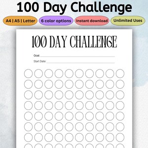 100 Day Challenge Tracker Printable | Fitness Planner Template | Goal Log, Habit Journal, Daily Progress Tracker | PDF US Letter A4 A5
