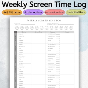 Plantilla imprimible de seguimiento semanal del tiempo de pantalla / Planificador de tiempo de pantalla / Registro de hábitos de pantalla / Diario de tiempo de pantalla / PDF A4 A5 Carta EE. UU.