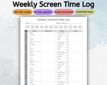 Weekly Screen Time Tracker Template Printable | Screen Time Planner | Screen Habit Log | Screen Time Journal | PDF A4 A5 US Letter