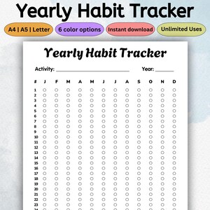 Yearly Habit Tracker Printable Template | Annual Planner & Goal Log | 12 Month Journal Tracker PDF | Productivity Insert | Letter A4 A5