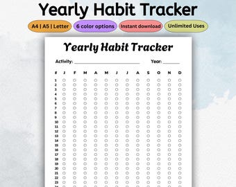 Yearly Habit Tracker Printable Template | Annual Planner & Goal Log | 12 Month Journal Tracker PDF | Productivity Insert | Letter A4 A5