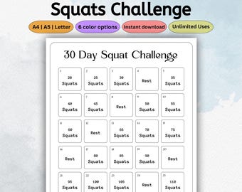 Plantilla de reto de sentadillas de 30 días / Planificador de fitness imprimible / Registro de entrenamiento / Diario de ejercicios / Descarga instantánea / PDF Carta A4 A5