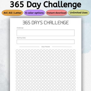365 Days Challenge Tracker | Printable Fitness Planner Template | Goal Log, Exercise Journal | Habit Tracker | PDF US Letter A4 A5