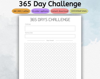 365 Days Challenge Tracker | Printable Fitness Planner Template | Goal Log, Exercise Journal | Habit Tracker | PDF US Letter A4 A5
