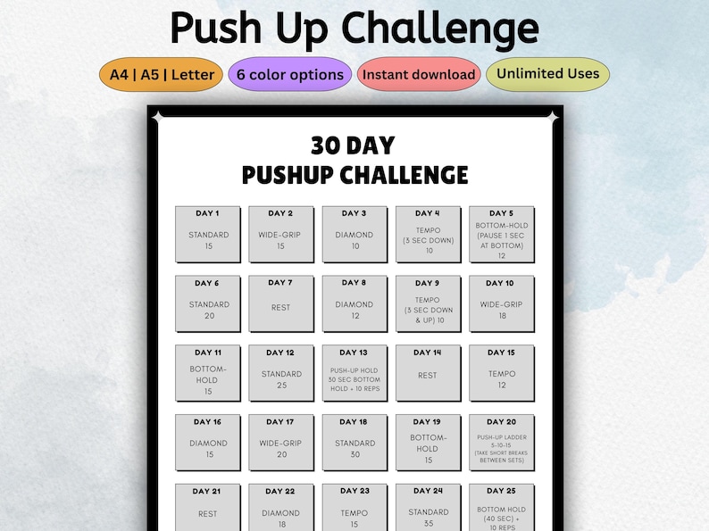 30 Day Pushup Challenge Tracker | Printable Fitness Planner Template ...