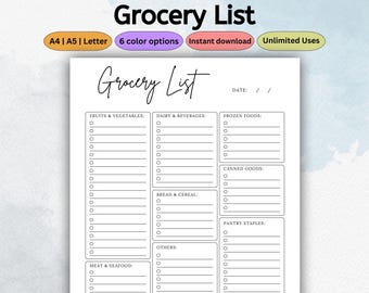 Grocery List Printable Planner Template | Shopping Checklist Tracker | Organized Categories for Meal Planning | To Do list PDF Letter A4 A5