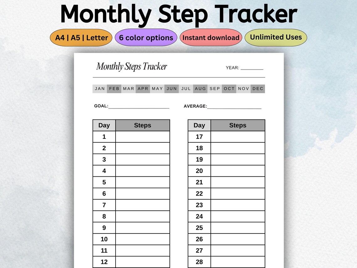 Printable Monthly Steps Tracker Template | Daily Steps Log | Walking ...