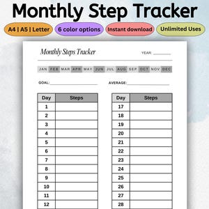 Afdrukbare maandelijkse stappentrackersjabloon | Dagelijks stappenlogboek | Wandeldagboek | Stappentelling | Gezondheids- en fitnessplanner PDF Letter A4 A5