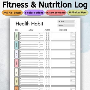 Planificador de hábitos de salud imprimible / Planificador semanal de bienestar / Registro nutricional / Diario de salud / Plantilla de comidas y ejercicios / PDF Carta A4 A5