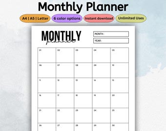 Undated Monthly Planner Template | Printable Calendar | Productivity Tracker, Log & Journal Organizer | PDF Letter A4 A5 | Instant Download