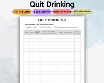 Quit Drinking Planner Template | Printable Sobriety Tracker, Addition Log & Journal | Addiction Recovery Worksheet | PDF Letter A4 A5