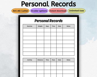 Personal Records Planner | Printable Fitness Tracker Template | Workout Log & Journal for Exercise, Weight, Cardio | PDF Letter A4 A5