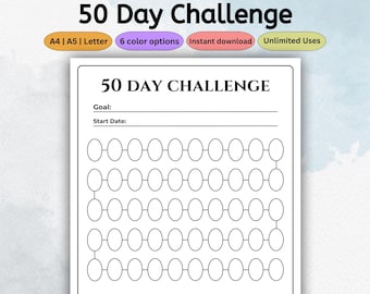 50 Day Challenge Planner Template | Printable Goal Log | Habit Tracker Journal for Fitness, Weight Loss | Instant Download PDF Letter A4 A5