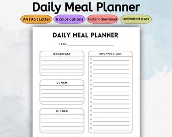 Daily Meal Planner Template | Printable Food Tracker & Log | Meal Journal with Shopping List | Diet Plan | PDF Letter A4 A5