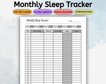 Rastreador de sono mensal para impressão | Planejador de sono | Registro de sono em PDF | Modelo de diário de sono digital | Gráfico de análise do sono | Carta EUA A4 A5
